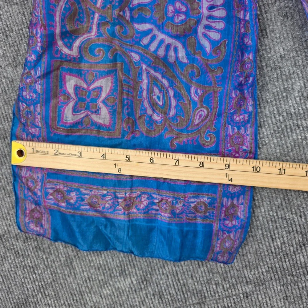 Pure Silk Hand Woven Blue Pink Paisley Scarf Rectangular Made in India 50x10